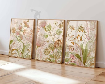 Vintage Botanical Wall Art Set of 3, Cottagecore Floral Prints, Wildflower Botanical Poster Trio, Soft Earthy Nature Art for Home Decor