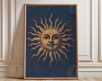 Navy Celestial Sun | Gold Medieval Sun Face Wall Art | Vintage Astrology