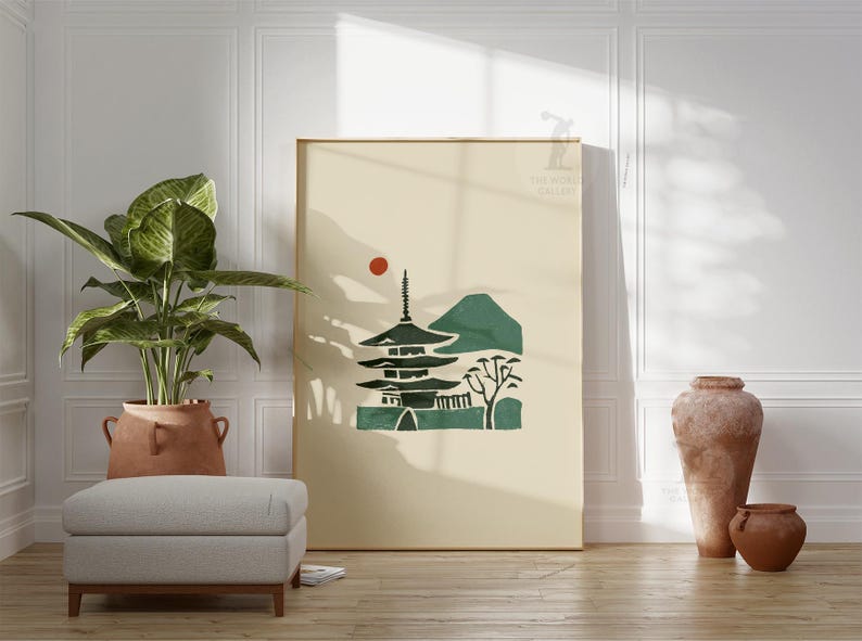 Pagoda Mountain Minimal Poster | Japanese Style Landscape Art | Sun ...