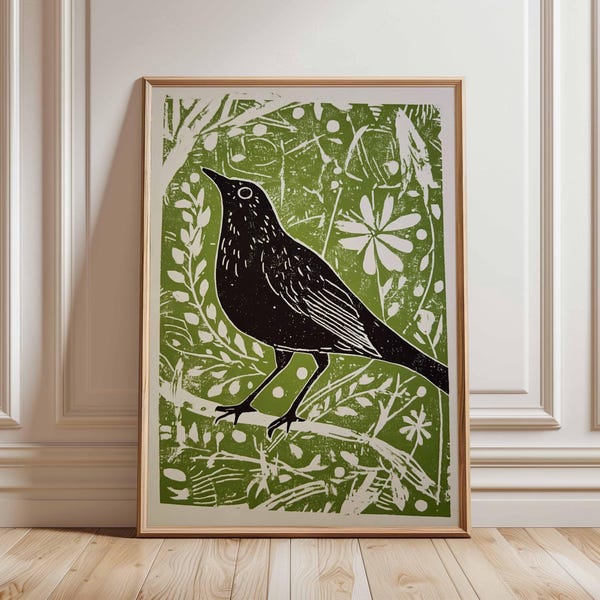 impression d'oiseau d'art folklorique vintage, affiche d'animal Cottagecore, art mural vert et noir, décoration nature rustique, style linogravure, cadeau pour amoureux des oiseaux