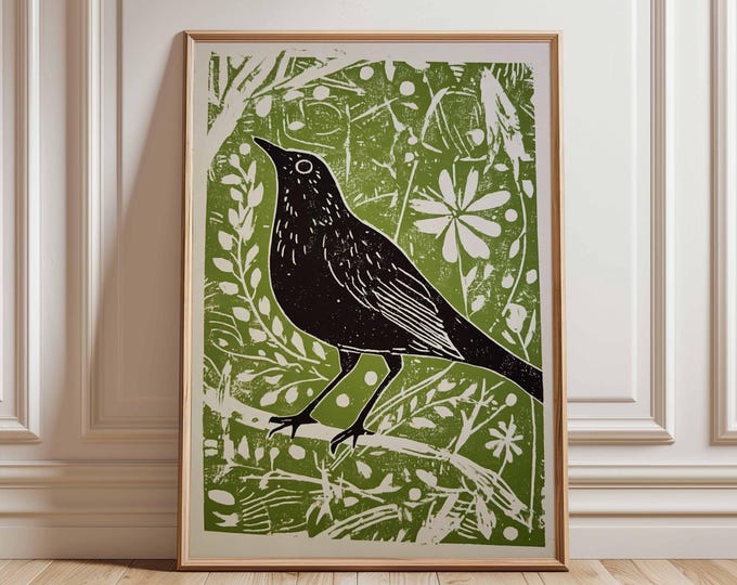 Vintage Folk Art Bird Print, Cottagecore Animal Poster, Green and Black Wall Art, Rustic Nature Decor, Linocut Style, Bird Lover Gift