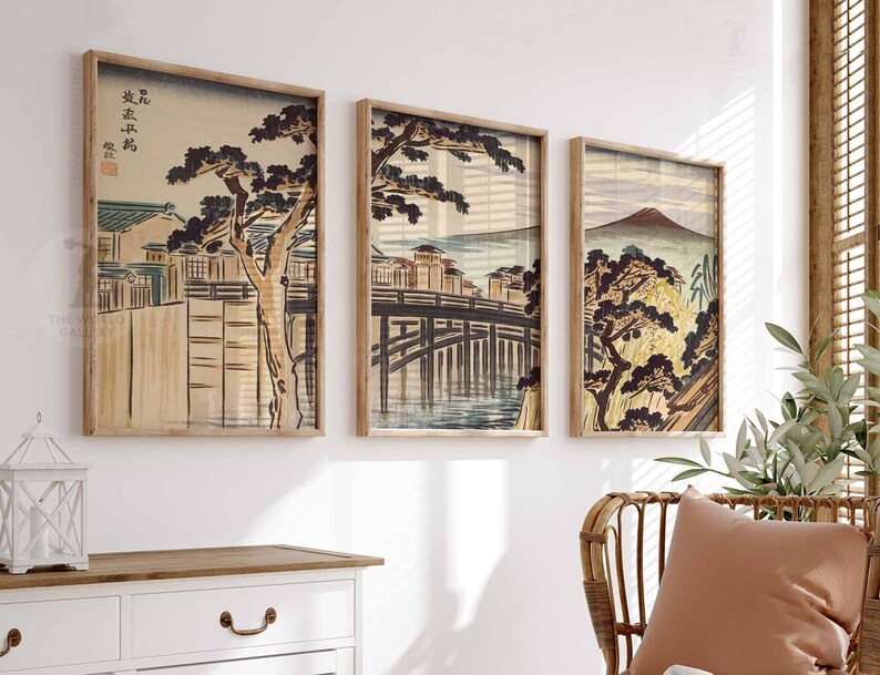 Set of 3 Japanese Floral Posters, Gold Japanese Prints, Botanical Wall