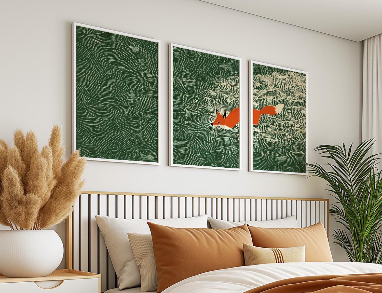 Japanese Fox Ocean Wall Art Set | Green Wave Triptych | 3 Posters