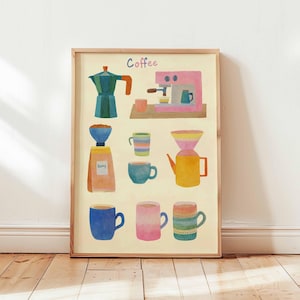 Coffee Lover Poster – Colorful Coffee Maker Wall Art Print, Barista Decor with Mugs & Espresso Machine, Cute Kitchen or Café Artwork