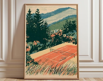 May include: A framed art print featuring a stylised landscape illustration of a clay tennis court with a net and two rackets. The scene includes dark green pine trees, rolling hills in the background, and tall grass in the foreground.