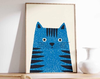 Blaue Katze Kunstdruck, modernes minimalistisches Tier Poster