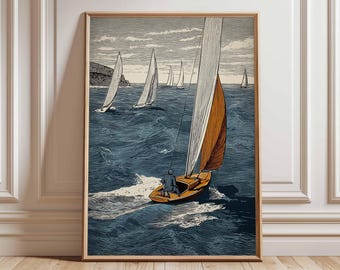 Lámina vintage de regata de veleros / Arte mural costero marítimo