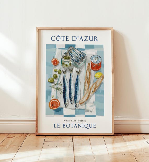 French Riviera Print, Vintage Fish Illustration, Coastal Kitchen Art