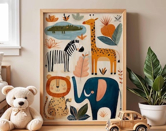 May include: A framed art print featuring colorful illustrations of a giraffe, zebra, lion, and elephant. The artwork has a light wood frame and a neutral background. The style is whimsical and suitable for a nursery or children's room.