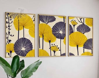 Láminas botánicas amarillas, arte mural moderno de flores índigo, juego de 3