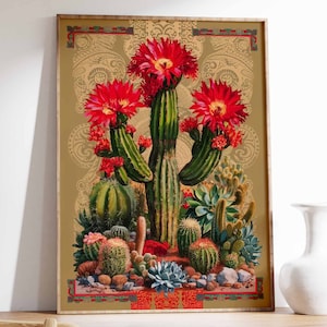 Vintage Mexikanische Kaktus Poster, Bunte mexikanische Kunstdrucke, Mexikanische Dekoration, Traditionelle Mexikanische Kunst, Blumendekor, Latein Druck, Mexikanisches Geschenk