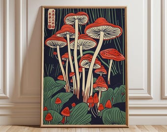 Japanese Mushroom Poster, Vintage Botanical Print, Retro Fungi Wall Art