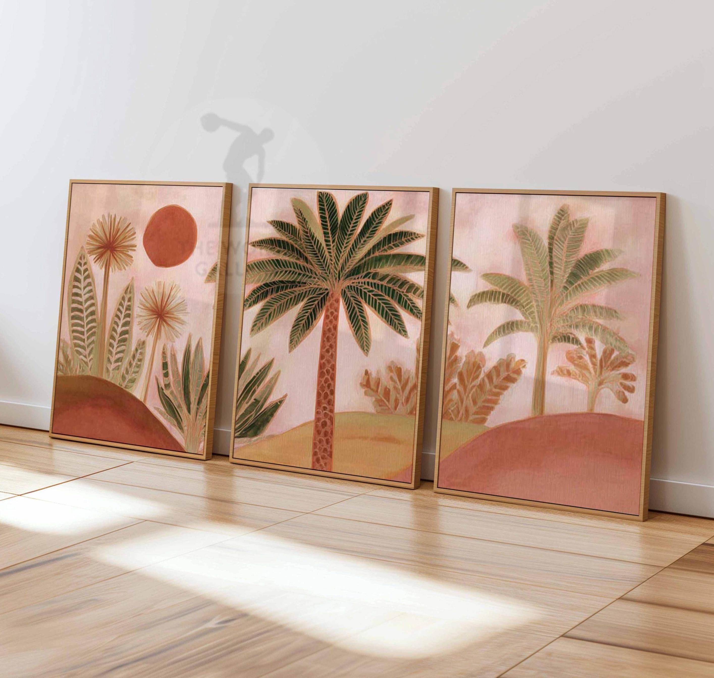 Desert Palm Wall Art Set of 3, Boho Cactus Print Trio, Terracotta