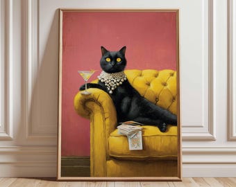 Black Cat Martini Art Print, Vintage Style Pet Lover Gift