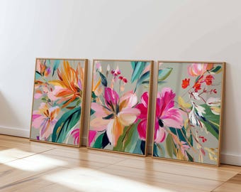 Conjunto de láminas florales abstractas, arte botánico moderno, decoración colorida para el hogar.