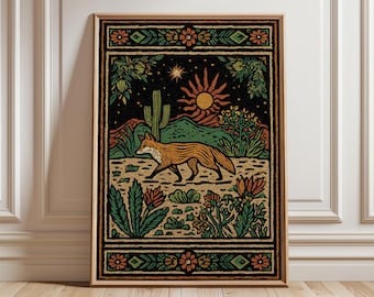 Desert Fox Art Print, Southwestern Tapestry Poster, Rustic Illustration
