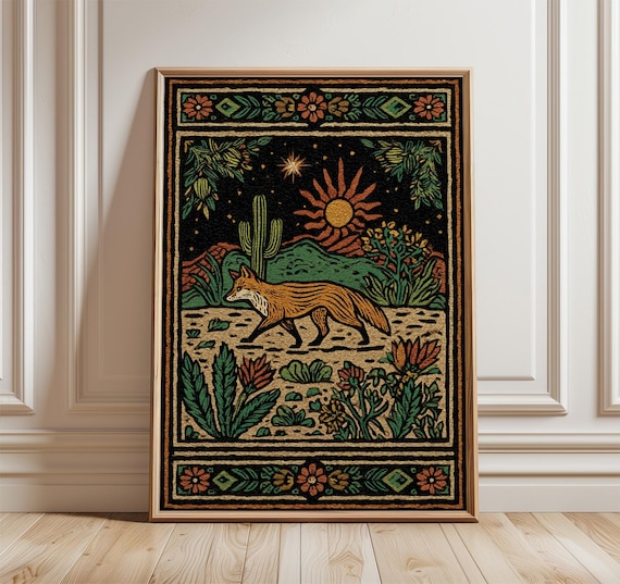 Desert Fox Art Print, Southwestern Tapestry Poster, Rustic Illustration