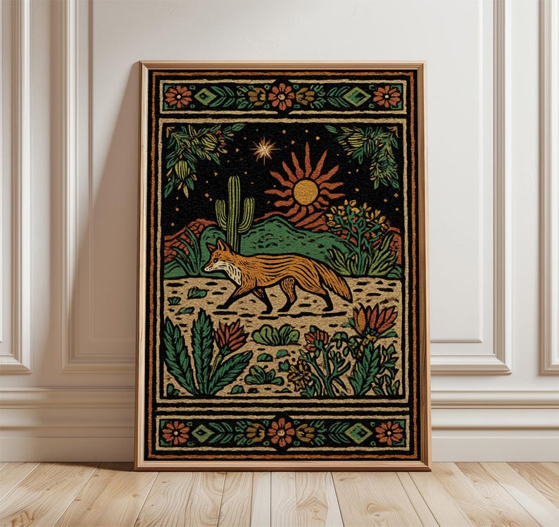 May include: A framed art print featuring a stylized desert landscape with a fox. The artwork showcases a fox walking across a sandy area, with a cactus, mountains, and a sun in the background. The color palette includes orange, green, and black.