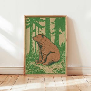 Bear Forest Wall Art, Vintage Wildlife Poster, Rustic Cabin Print, Woodland Animal Decor, Outdoor Brown Bear Artwork, Wilderness Lodge Style