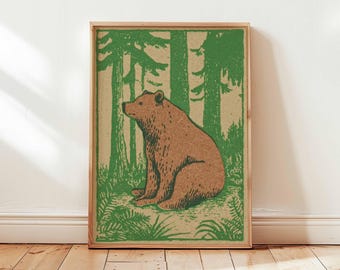 Vintage print bruine beer, rustieke bosposter met wilde dieren