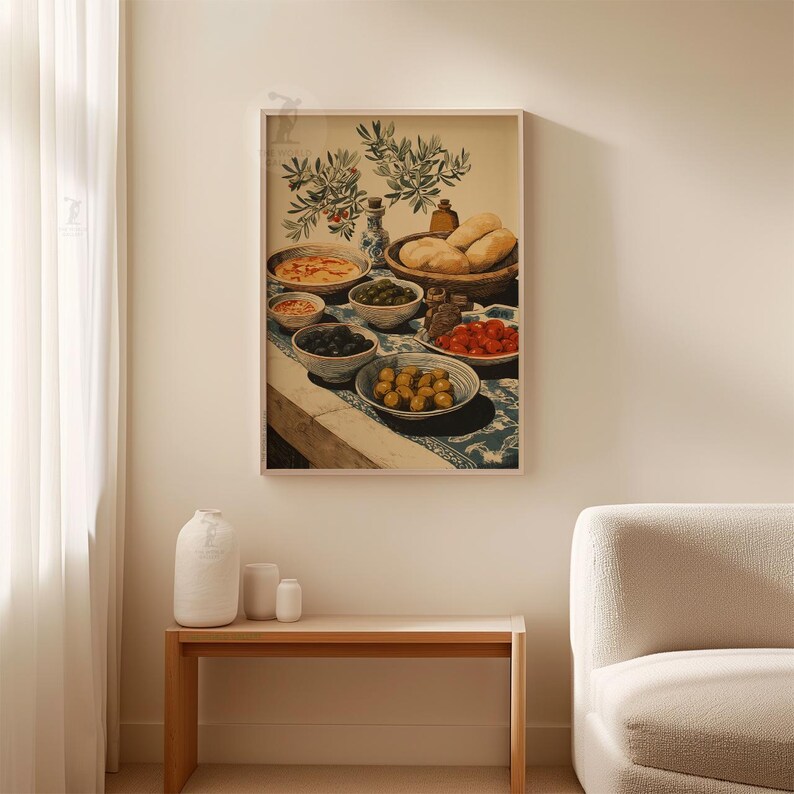 set of three mediterranean kitchen prints | framed... Mediterranean Food Still Life Print | Rustic Olive Bread Kitchen Wall ...