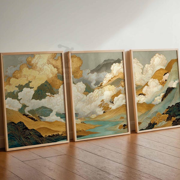 Japanese Clouds Bedroom Wall Art Set of 3 Prints, White Clouds Beige Sky Posters, Vintage Home Decor, Set of 3 Large Poster Art, Bedroom Art
