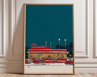 Stampa di un diner retrò, poster vintage americano, auto classiche degli anni '50