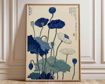 Japanese Woodblock Print, Vintage Lotus Flower Art, Traditional Ukiyo-e Botanical Poster, Blue Floral Wall Art, Japanese Home Decor