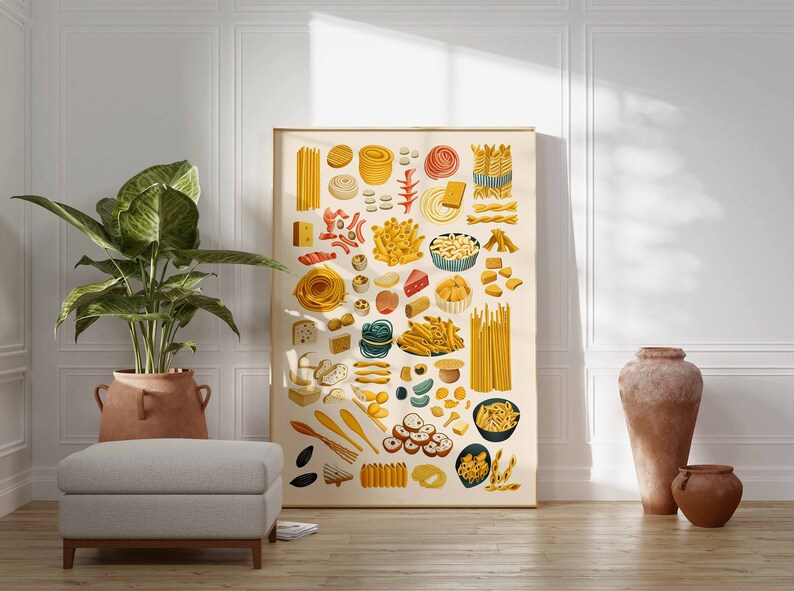 May include: A vintage-style illustration of various types of pasta, including spaghetti, penne, and macaroni, in a variety of colours and shapes. The illustration is framed and displayed on a wall in a room with a plant and a vase.