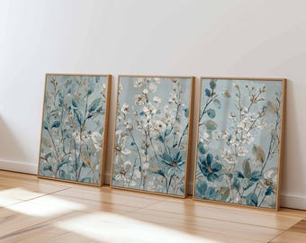 Blue Floral Wall Art Prints Set of 3, Modern Botanical Posters, Elegant Flower Artwork for Living Room, Bedroom or Neutral Home Decor