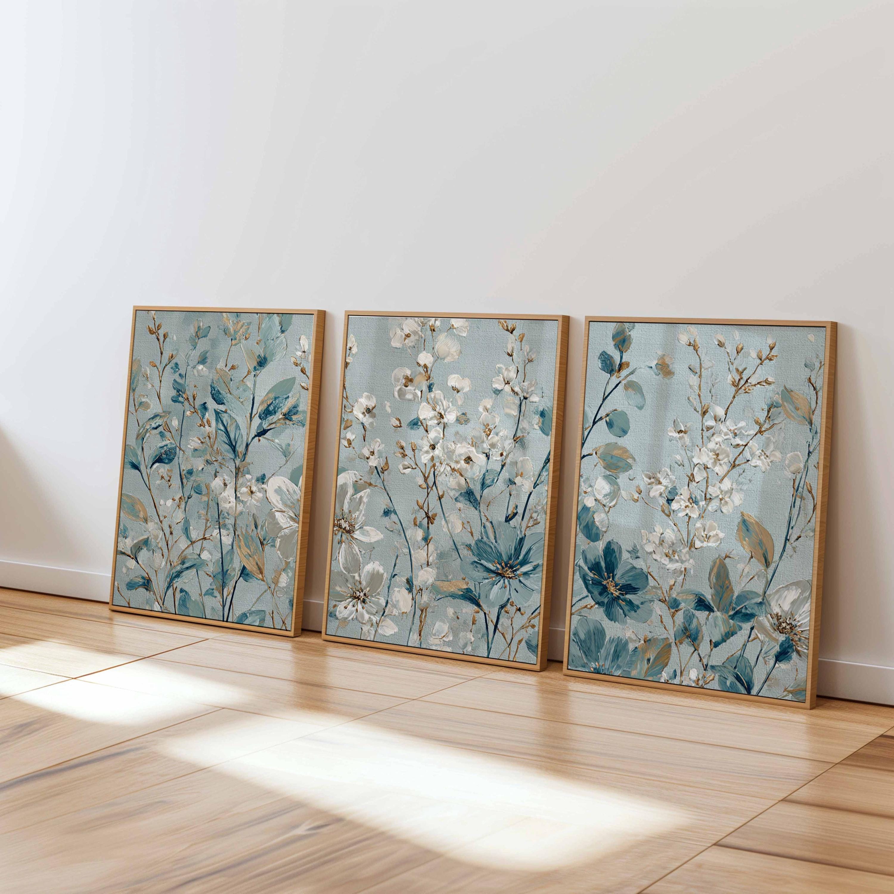 Blue Floral Wall Art Prints Set of 3, Modern Botanical Posters, Elegant ...