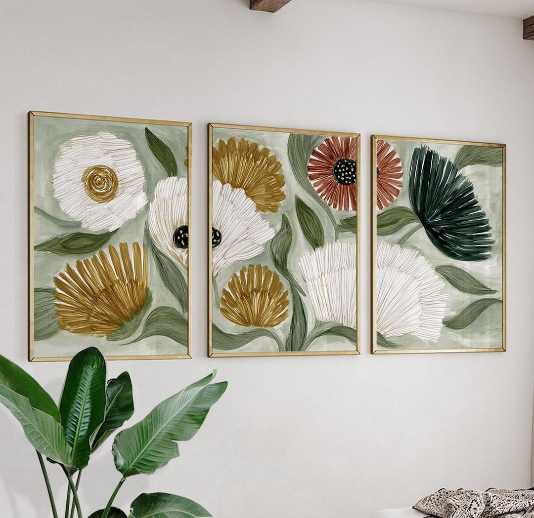 Green White Botanical Wall Art Posters Set of 3 | Abstract Floral ...