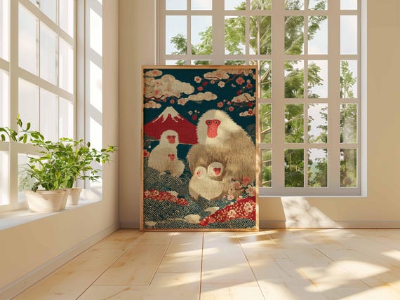 ソルオルsolol 桜 NATURAL MOUNTAIN MONKEYS Japanese Snow Monkey Print, Macaque Family, Cherry Blossom