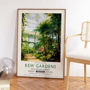 May include: A vintage poster advertising Kew Gardens, a botanical garden in London, England. The poster features a painting of a glass greenhouse with lush greenery. The text on the poster reads "The Botanical Collection, Kew Gardens, Royal Botanic Gardens, Nearest Underground Station, District Line - Kew Gardens Station, Established 1759, Monday to Friday 10am - 5pm, Weekends 11am - 7pm."