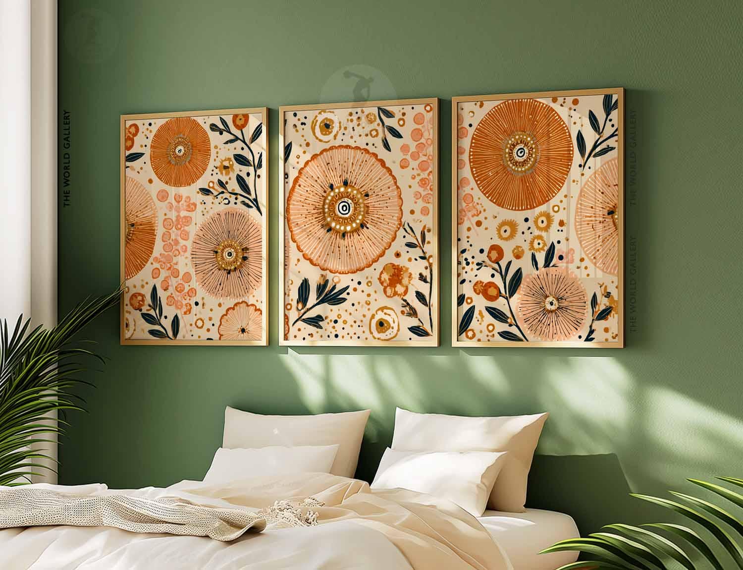 Boho Floral Wall Art Set of 3, Abstract Botanical Prints in Orange and ...