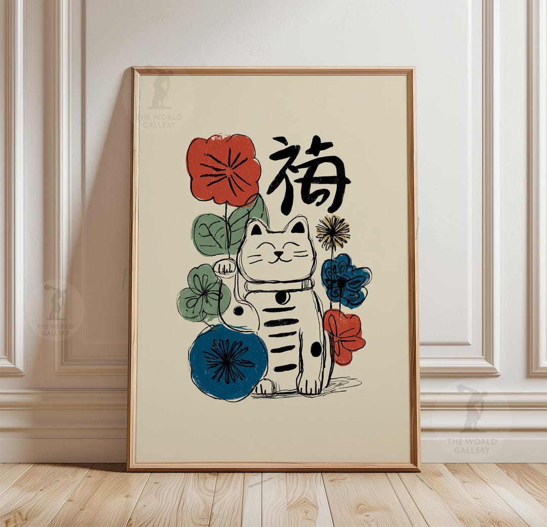 Lucky Cat Poster | Maneki Neko Wall Art | Japanese Floral Illustration ...
