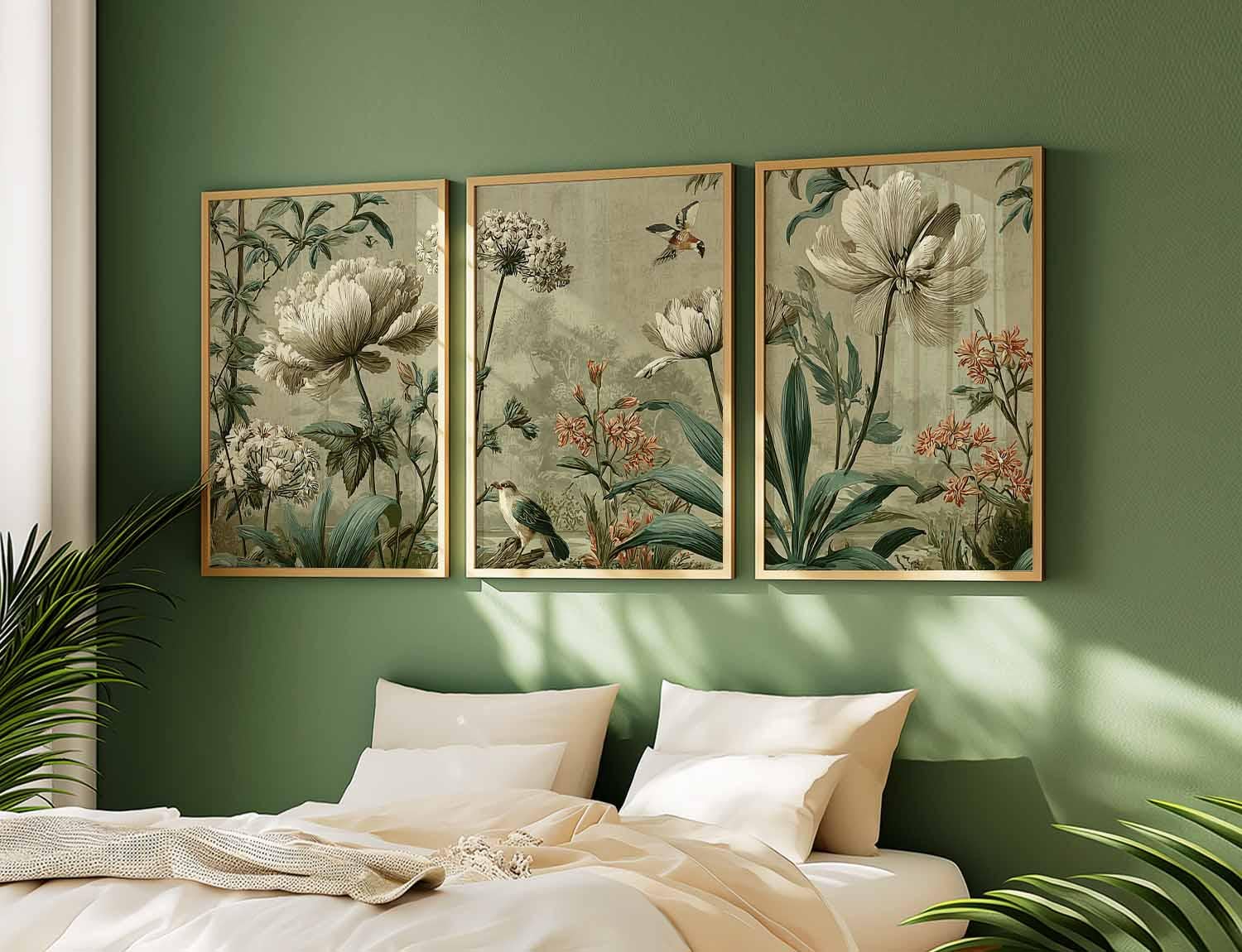Vintage Botanical Wall Art Prints Set of 3, Green Floral Posters ...