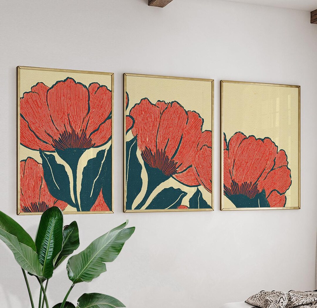 Red Botanical Floral Wall Art Posters Set of 3 | Vintage Style Flower ...