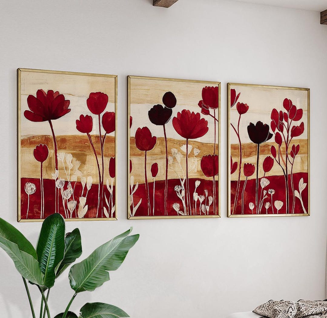 Red Botanical Floral Posters Set of 3 | Abstract Flower Wall Art ...