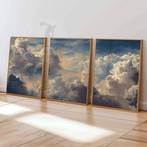 Juego de 3 impresiones de arte de pared con nubes para dormitorio, pósteres de nubes blancas y cielo beige, decoración vintage para el hogar, juego de 3 pósteres grandes, decoración de dormitorio