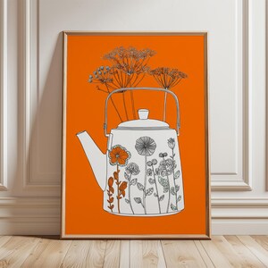 Konsttryck av vintage-tekanna, retro köksinredning, orange blommig, skandinavisk stil