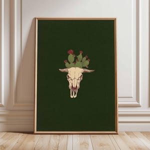 Póster retro de calavera del desierto, arte mural de cactus del oeste, estampado de calavera de vaca bohemio vintage, decoración minimalista del hogar del suroeste