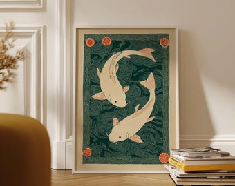 Koi Fisch Illustration im Japanischen Linoldruck Stil