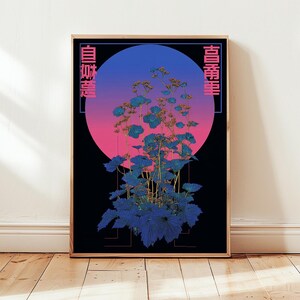 May include: A framed art print featuring a stylized botanical illustration. The artwork showcases blue and gold foliage against a gradient background of pink and blue, with Japanese text accents. The print is set in a wooden frame.