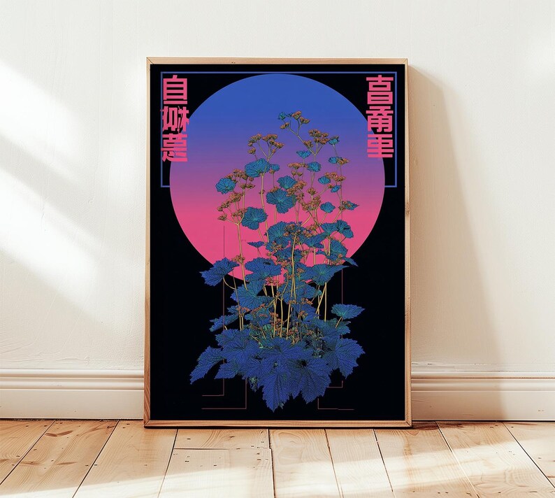 May include: A framed art print featuring a stylized botanical illustration. The artwork showcases blue and gold foliage against a gradient background of pink and blue, with Japanese text accents. The print is set in a wooden frame.