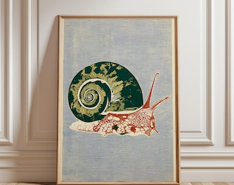 Snail Woodcut-Style Poster in Green and Rust Tones