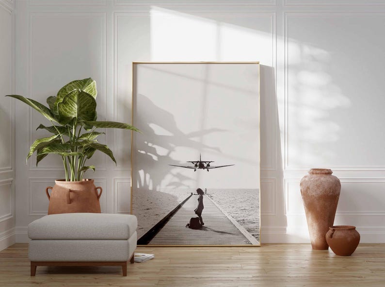 Póster de aterrizaje de avión, arte mural de aviación, impresión de viaje en blanco y negro, obra de arte de avión sobre el océano, regalo de piloto, decoración minimalista imagen 4