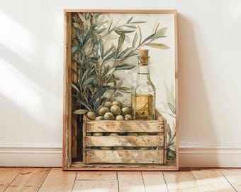 Rustic Olive Oil Poster, Mediterranean Kitchen Wall Art, Tuscan Food Print, Farmhouse Decor, Vintage Olive Tree Botanical Artwork