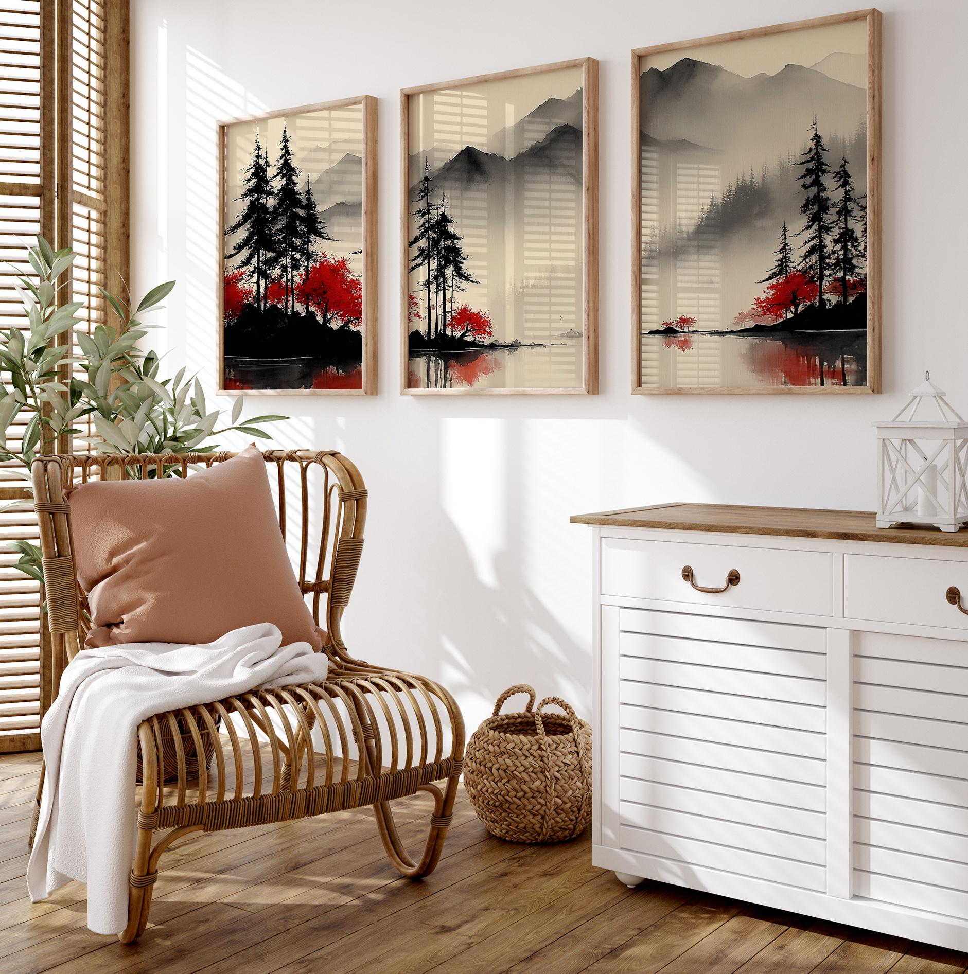 Red Tree Landscape Posters Set of 3, Japanese Ink Wash Prints