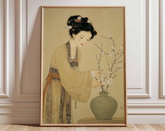 Estampa artística japonesa vintage, ilustración de una mujer elegante y una grulla.